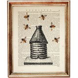 Illustration of a tall, vintage-style beehive with buzzing bees on a book page background