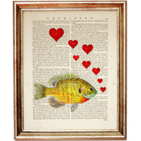 Vibrant yellow fish dictionary art with red hearts