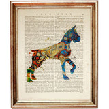 Three framed dictionary page prints showing colourful dogs in standing, paw-raising and stretching poses, arranged side by side.