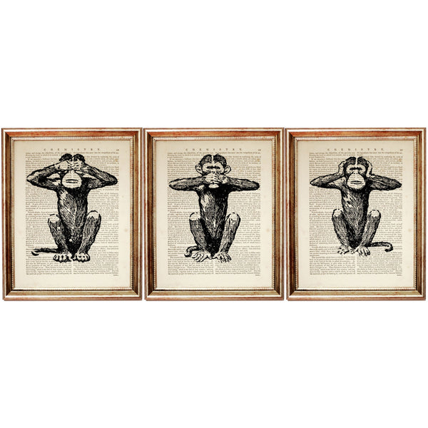 Set of 3 Wise Monkeys Dictionary Art Prints, Guardians of Virtue Decor