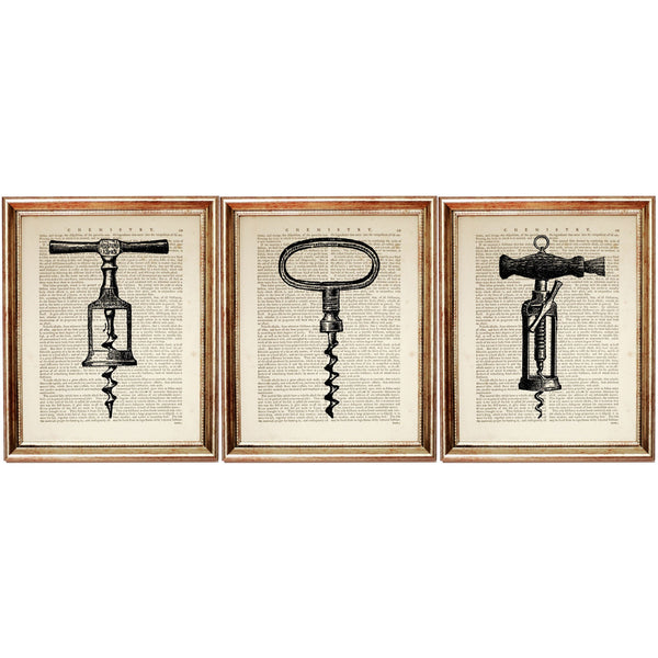 Vintage Corkscrew Dictionary Art Prints Set of 3 - Wine Bottle Opener Decor