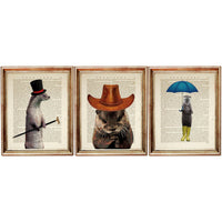 Otter with Umbrella Dictionary Art Prints - Set of 3 Wildlife Animal Portrait Wall Decor