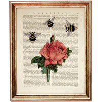 Botanical Pink Rose Wall Art Set of 3 Dictionary Prints with Flower and Bee, Rose Decor