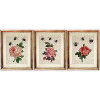 Botanical Pink Rose Wall Art Set of 3 Dictionary Prints with Flower and Bee, Rose Decor