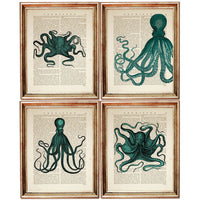 Octopus Sea Life Art Prints Set of 4, Turquoise Ocean Wall Decor