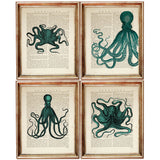 Octopus Sea Life Art Prints Set of 4, Turquoise Ocean Wall Decor