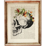 Skull with Flower Crown Dictionary Art Print, Anatomy Poster