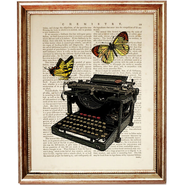 Typewriter with Butterflies Dictionary Art Print, Vintage & Nature Art