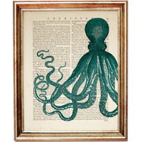 Green Octopus Art Print, Nautical Dictionary Art for Ocean Wall Decor