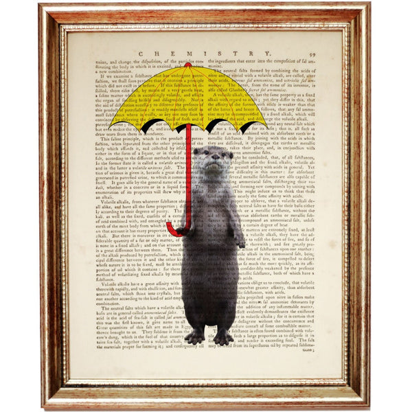 Otter with Yellow Umbrella 8x10 Wall Art Print, Otter Lovers Dictionary Page