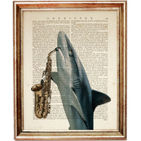 Shark Playing Saxophone Dictionary Art Print, Sax Shark Wall Decor