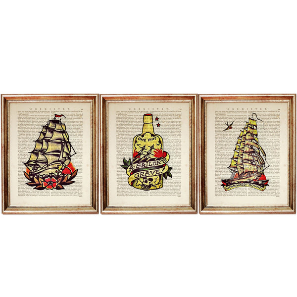 Sailor Jerry Wall Art Set of 3 Dictionary Prints, Flash Tattoo Poster Decor