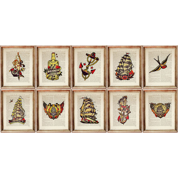 Set of 10 Sailor Jerry Dictionary Art Prints, Tattoo Collection Poster