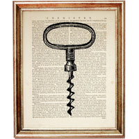 Set of 6 Wine Opener Dictionary Art Prints, Corkscrew Wall Decor