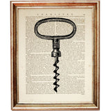 Set of 6 Wine Opener Dictionary Art Prints, Corkscrew Wall Decor