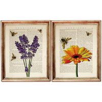 Botanical Flower Wall Art Set, Dictionary Prints with Gerbera, Lavender and Bees - Home Decor