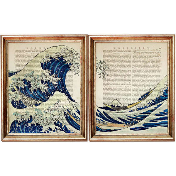 Kanagawa Wave Dictionary Art Prints Set, Ocean Poster Duo, Sea Wall Decor