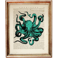 Turquoise Octopus Dictionary Art Print, Touch of the Ocean Wall Decor