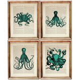 Set of 4 Green Octopus Dictionary Art Prints, Sea Life Wall Decor