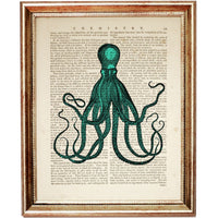 Set of 4 Green Octopus Dictionary Art Prints, Sea Life Wall Decor