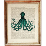 Set of 4 Green Octopus Dictionary Art Prints, Sea Life Wall Decor