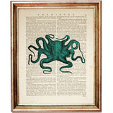 Set of 4 Green Octopus Dictionary Art Prints, Sea Life Wall Decor