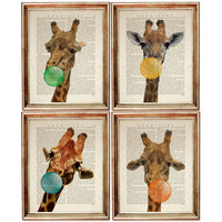 Set of 4 Giraffe Blowing Bubblegum Dictionary Art Prints