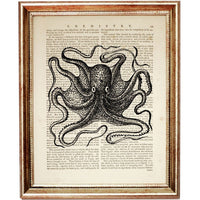 Set of 4 Black & White Octopus Dictionary Art Prints, Oceanic Elegance