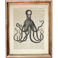 Set of 4 Black & White Octopus Dictionary Art Prints, Oceanic Elegance