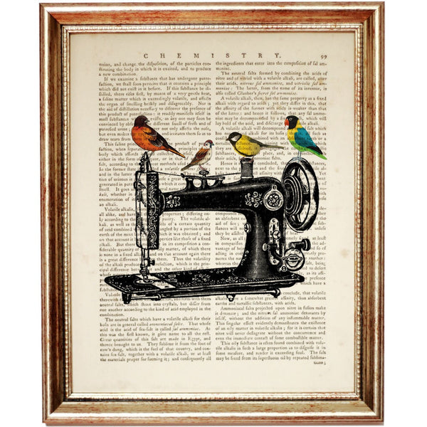 Sewing Machine with Birds Dictionary Art Print, Vintage Stitches Decor