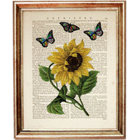 Sunflower with Butterfly Dictionary Art Print, Sunflower Serenade Art