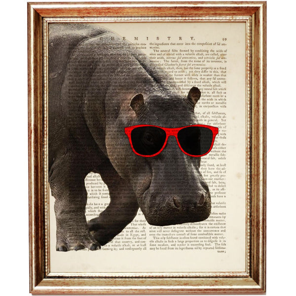 Hippo Red Sunglasses Dictionary Art Print, Safari Animals Nursery Decor