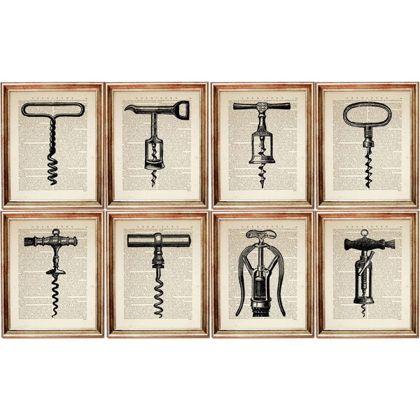 Set of 8 Wine Openers Dictionary Art Print, Corkscrew Collection Decor