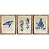 Ocean Life Dictionary Art Prints Set, Octopus, Sea Horse, Turtle - Nautical Wall Decor