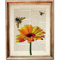 Botanical Flower Wall Art Set, Dictionary Prints with Gerbera, Lavender and Bees - Home Decor