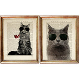 Cat Glasses Wall Art Set - 2 Funny Cat Nursery Prints - Animal Sunglasses Poster Decor