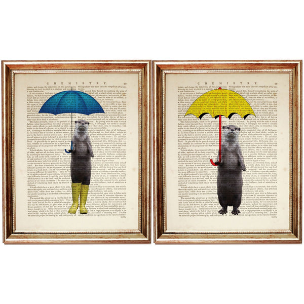 Otter with Yellow Umbrella Set of 2 Wall Art Dictionary Art Prints Book Page Decor