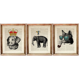 Animal Wall Art Set of 3 - Cat with Sunglasses, Dog with Crown, Elephant, Bird