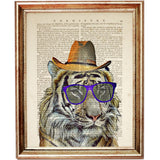 Tiger with Hat and Sunglasses Dictionary Art Print, Tiger Chic Poster