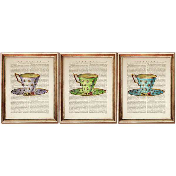 Tea Cups Trio Dictionary Art Prints, Vintage Elegance Wall Decor Set