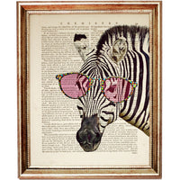 Zebra with Pink Sunglasses Dictionary Art Print, Animal Portrait Decor