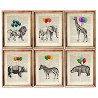 Set of 6 Safari Animals with Balloons Dictionary Art Prints