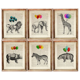 Set of 6 Safari Animals with Balloons Dictionary Art Prints