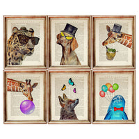 Set of 6 Animal Portrait Dictionary Art Prints, Wildlife Wonders