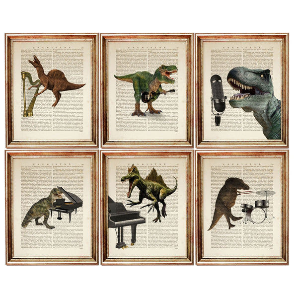 Set of 6 Dinosaurs Dictionary Art Print, Dino Band on Stage Poster