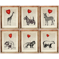 Set of 6 Animals with Red Balloons Dictionary Art Prints