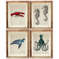 Set of 4 Sea Life Dictionary Art Prints, Marine Marvels Wall Decor