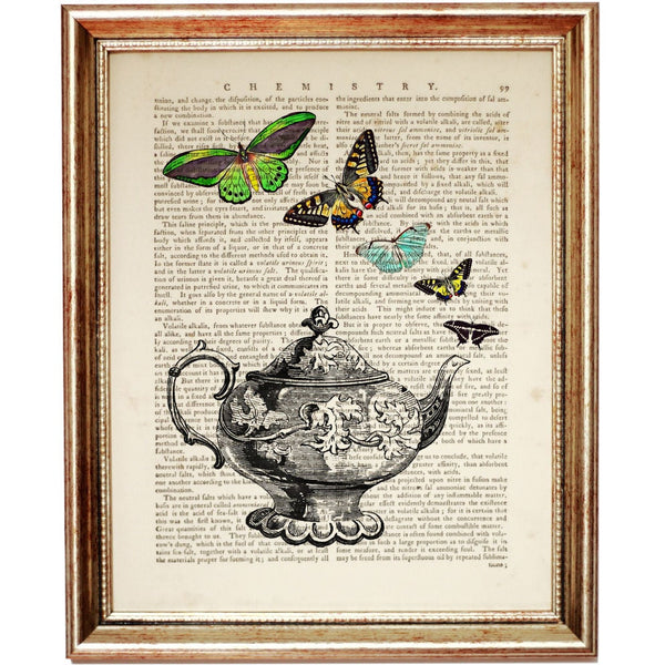 Tea Pot with Butterflies Dictionary Art Print, Vintage Elegance Decor