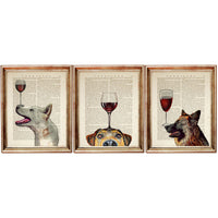 Dog with Wine Glass Dictionary Art Prints - Set of 3 Unique Canine and Wine Wall Decor