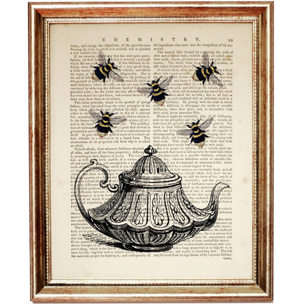 Vintage Teapot with Bees Dictionary Art Print, Tea Lover Wall Decor